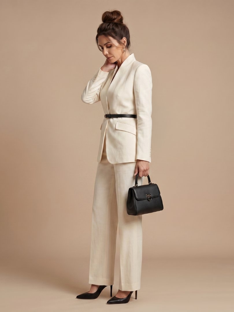Women's Tailored Suit | Structured Stand Collar Flared Trousers Front