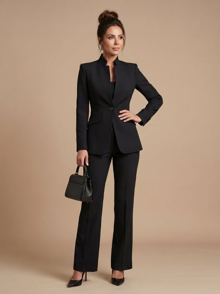 Women's Tailored Suit | Structured Stand Collar Flared Trousers View 12