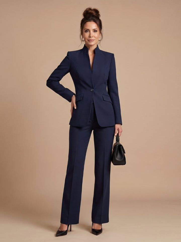 Women's Tailored Suit | Structured Stand Collar Flared Trousers View 16