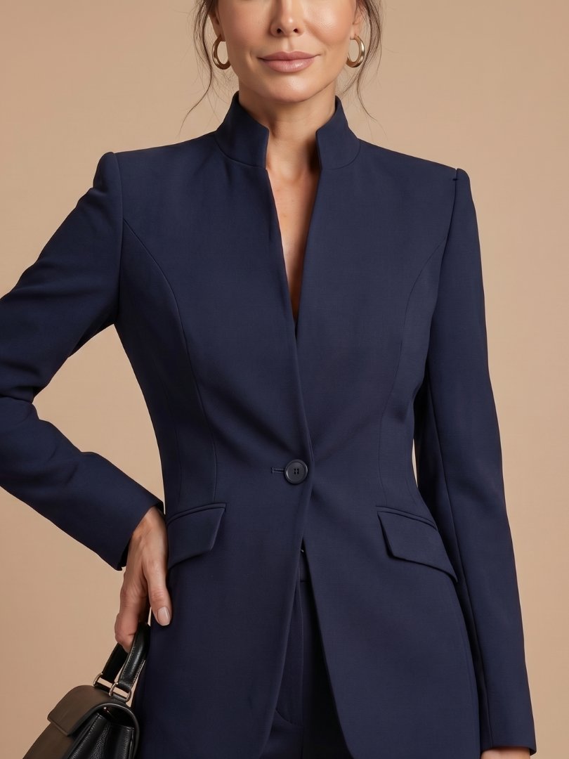 Women's Tailored Suit | Structured Stand Collar Flared Trousers View 17