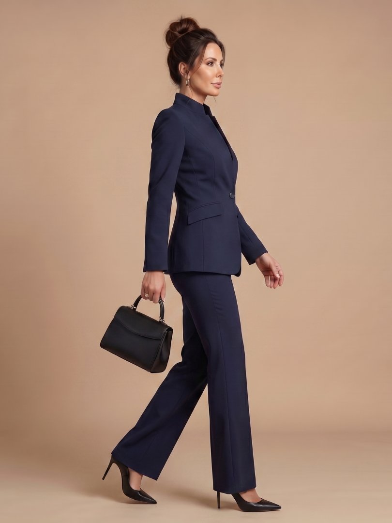 Women's Tailored Suit | Structured Stand Collar Flared Trousers View 18