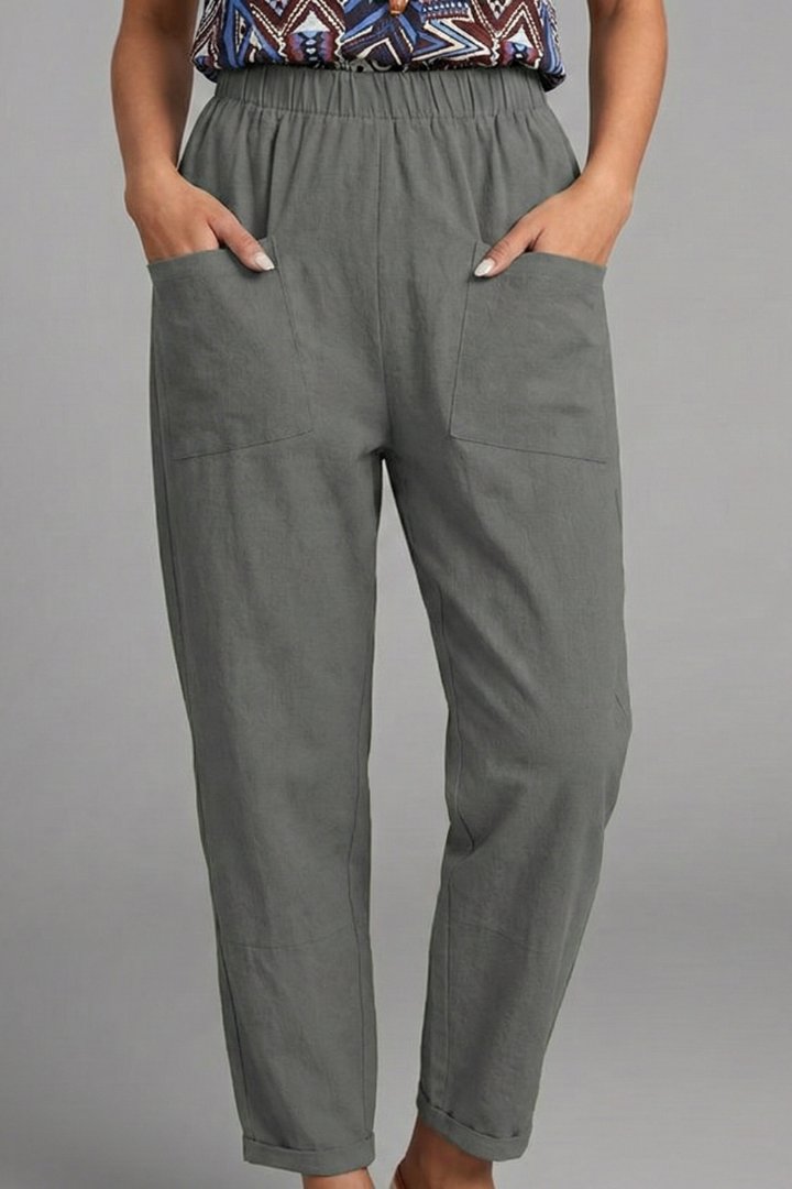 Women's Tapered Trousers | Elastic Waist with Side Pockets Back