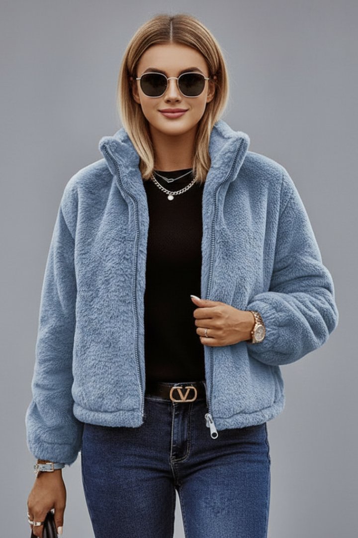 Women's Textured Zipper Jacket | Stand Collar Fitted Style Angle