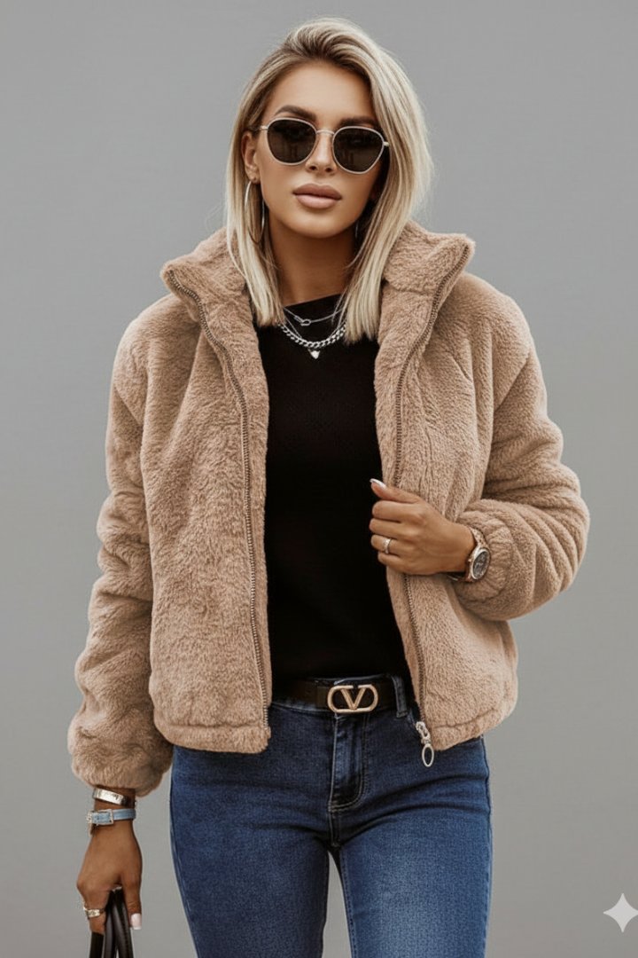 Women's Textured Zipper Jacket | Stand Collar Fitted Style Back