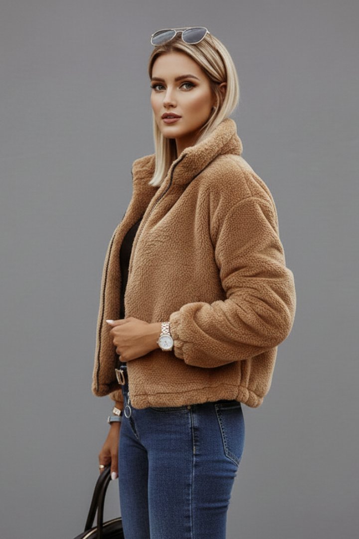 Women's Textured Zipper Jacket | Stand Collar Fitted Style Detail