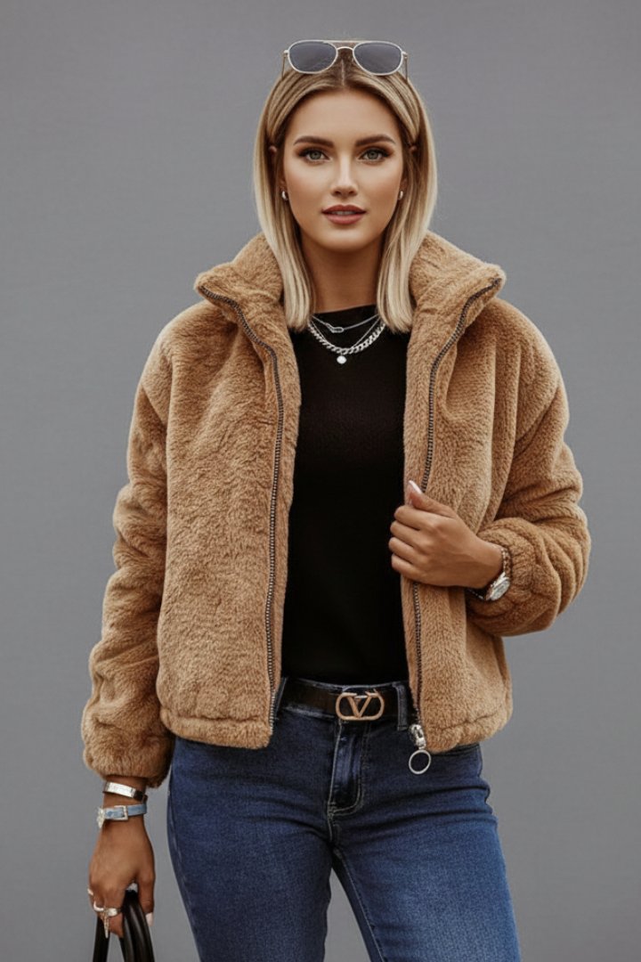 Women's Textured Zipper Jacket | Stand Collar Fitted Style Front