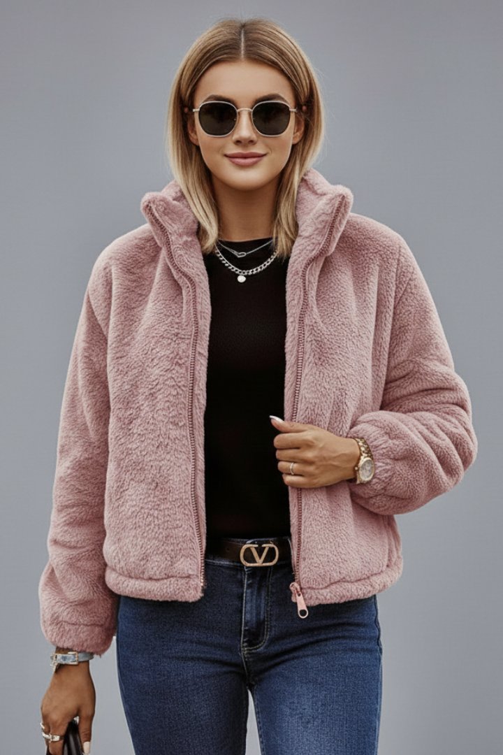 Women's Textured Zipper Jacket | Stand Collar Fitted Style Full