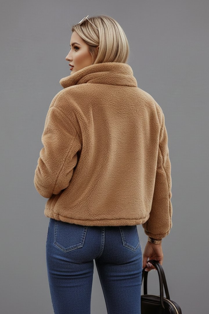 Women's Textured Zipper Jacket | Stand Collar Fitted Style Side
