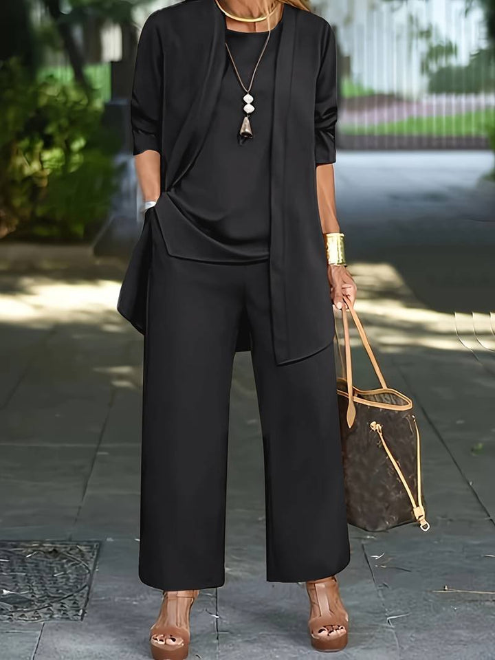 Women's Three-Piece Pantsuit | Cardigan Top and Trousers Set Angle