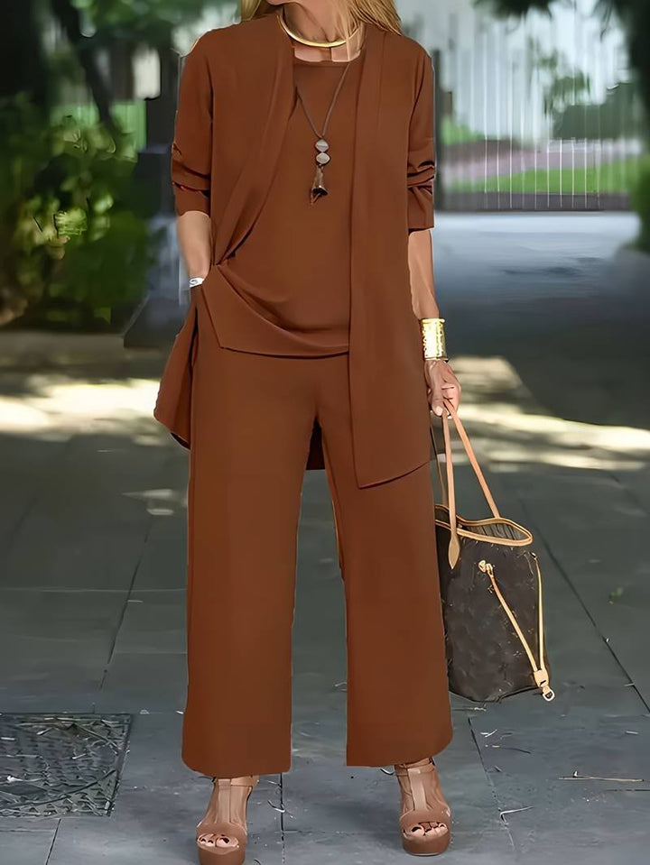 Women's Three-Piece Pantsuit | Cardigan Top and Trousers Set Close Up