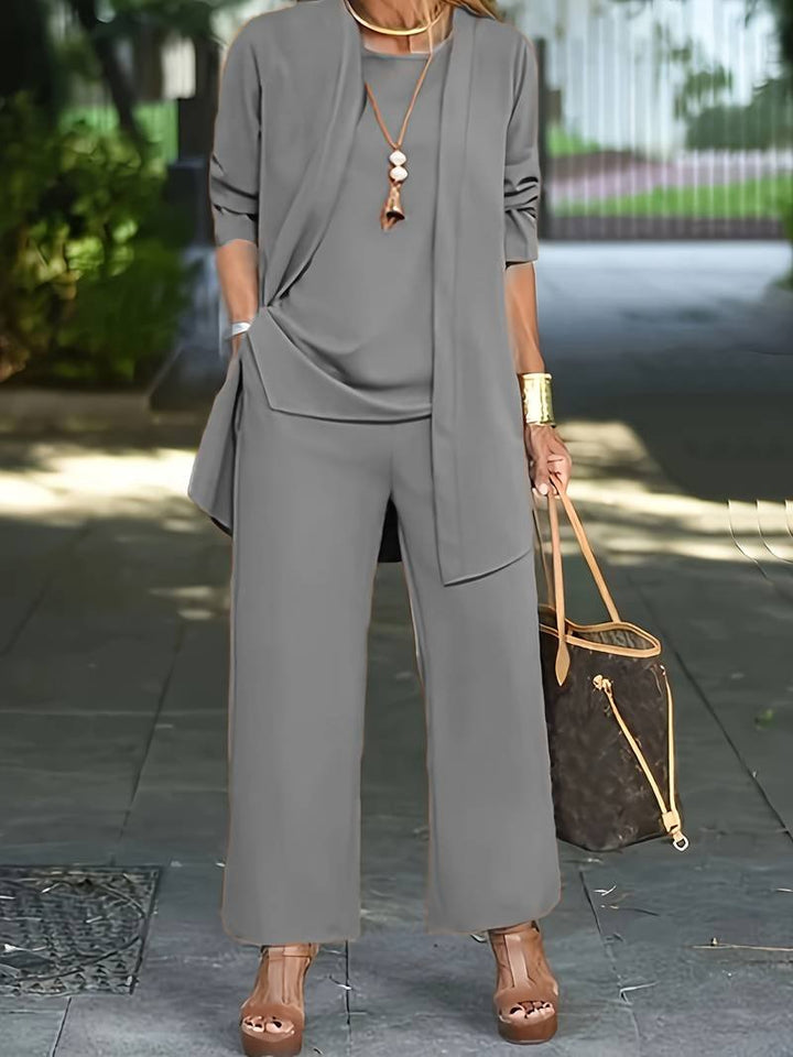 Women's Three-Piece Pantsuit | Cardigan Top and Trousers Set Front