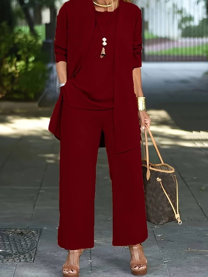 Women's Three-Piece Pantsuit | Cardigan Top and Trousers Set Hero