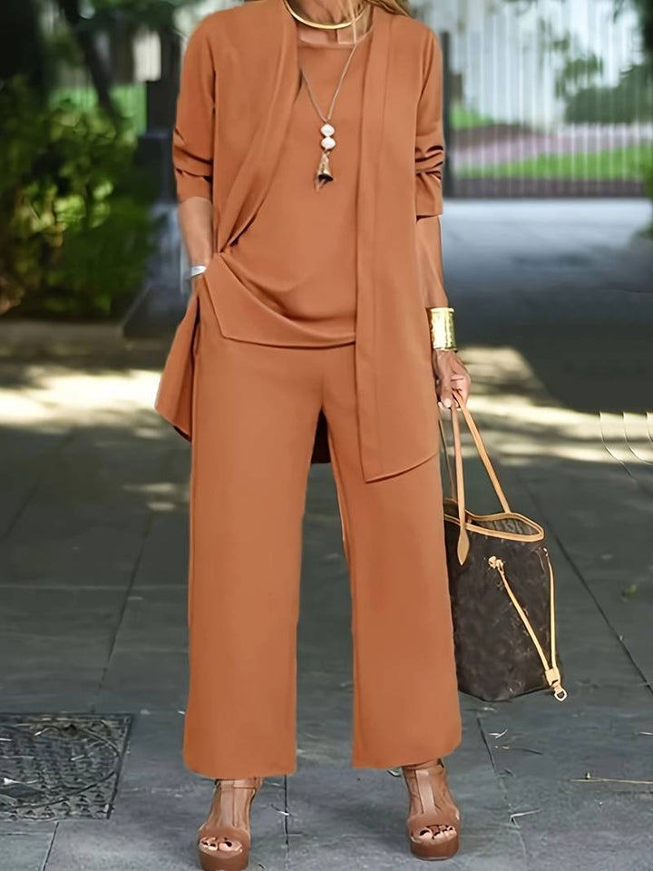 Women's Three-Piece Pantsuit | Cardigan Top and Trousers Set Side