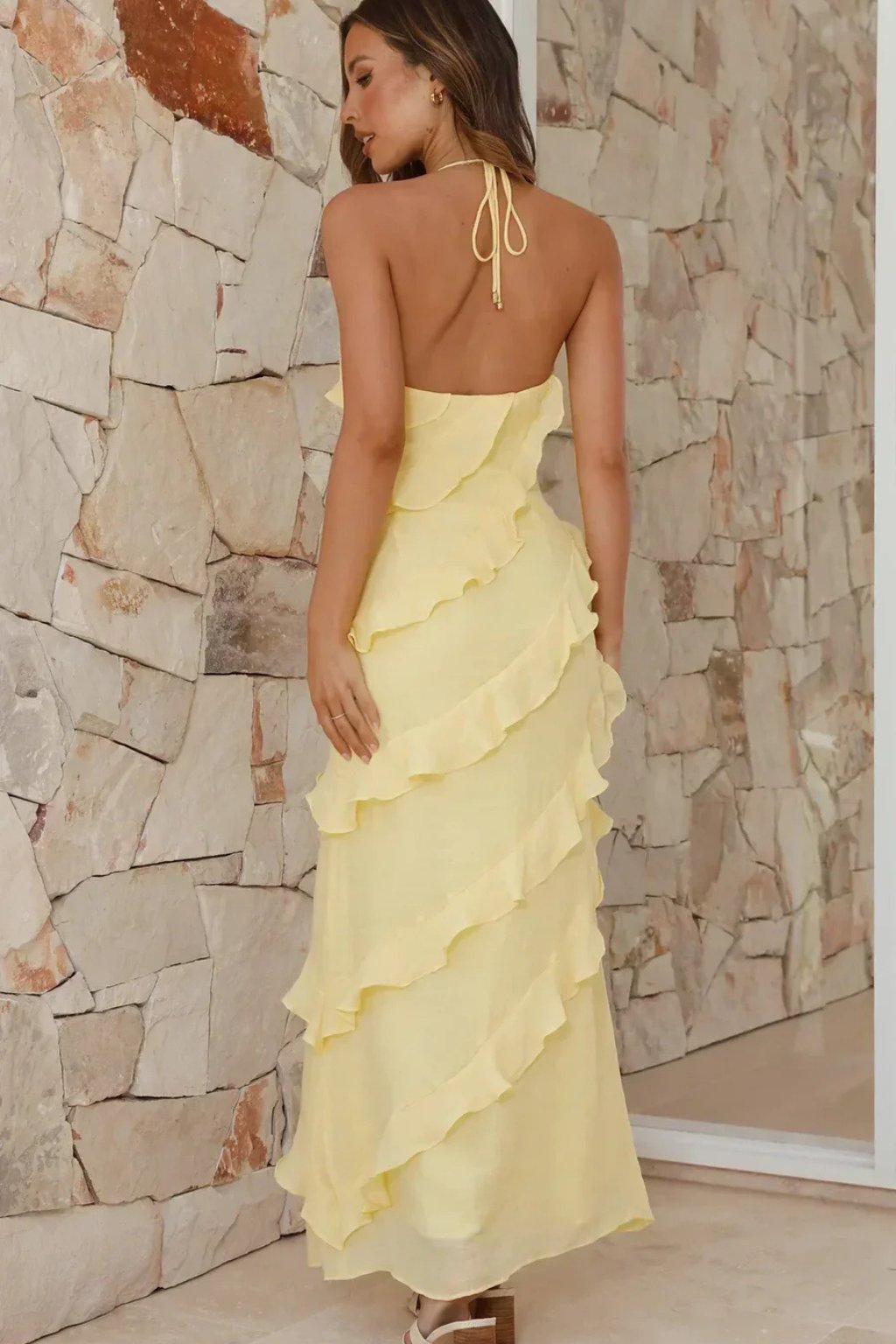 Women's Tiered Ruffle Halter Neck Maxi Dress | Flowing Summer Style Detail