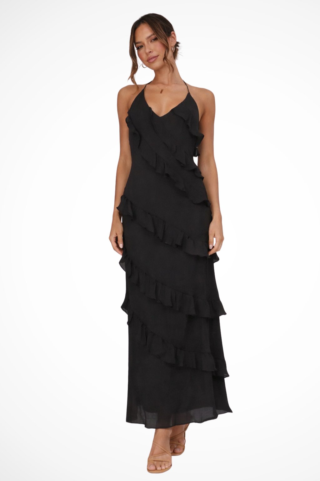 Women's Tiered Ruffle Halter Neck Maxi Dress | Flowing Summer Style Side