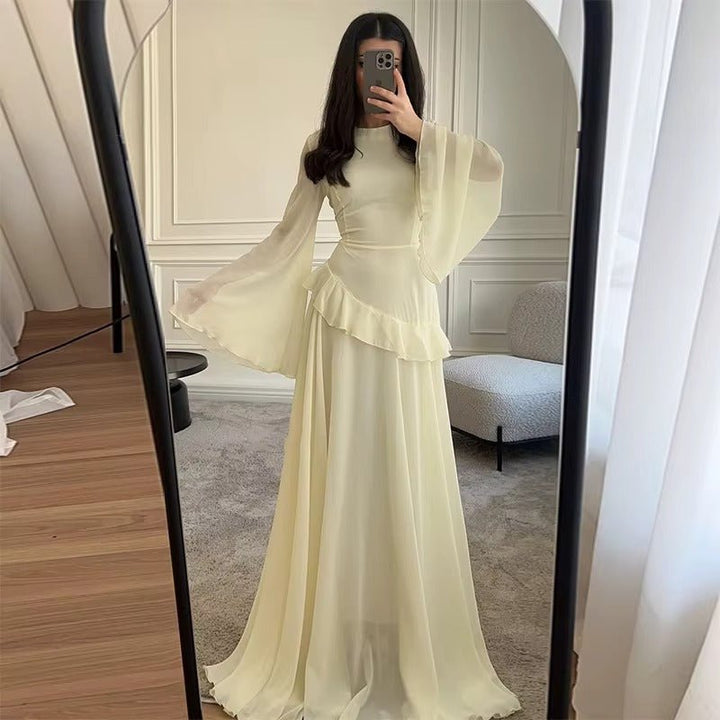 Women's Tiered Wedding Guest Maxi Dress | Bell Sleeve Ruffle Peplum Back