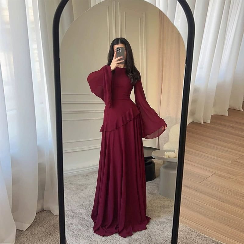 Women's Tiered Wedding Guest Maxi Dress | Bell Sleeve Ruffle Peplum Close Up
