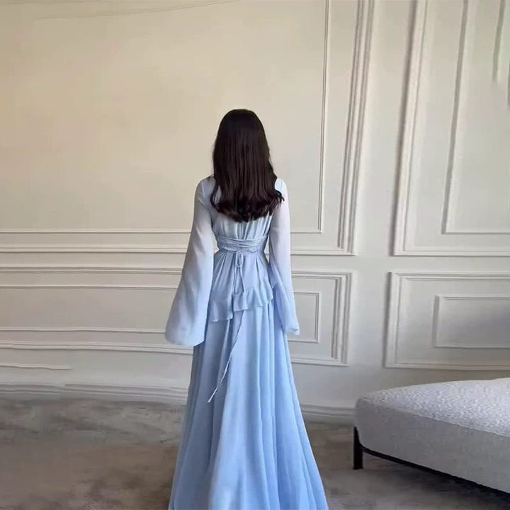 Women's Tiered Wedding Guest Maxi Dress | Bell Sleeve Ruffle Peplum Detail