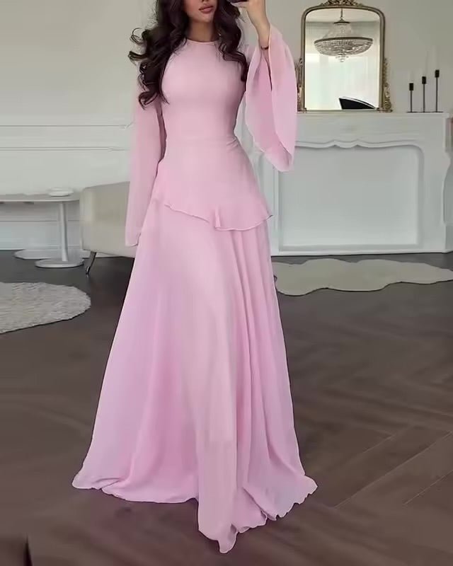 Women's Tiered Wedding Guest Maxi Dress | Bell Sleeve Ruffle Peplum Hero