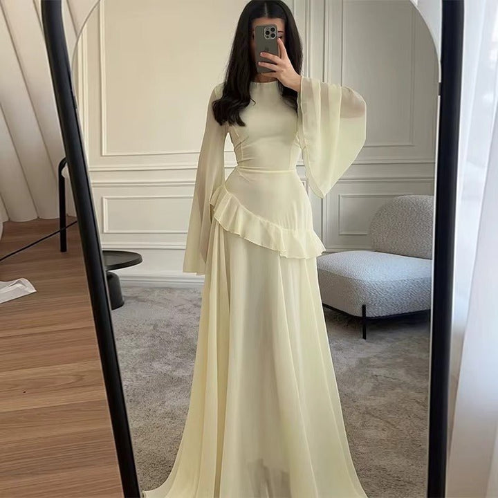Women's Tiered Wedding Guest Maxi Dress | Bell Sleeve Ruffle Peplum Side
