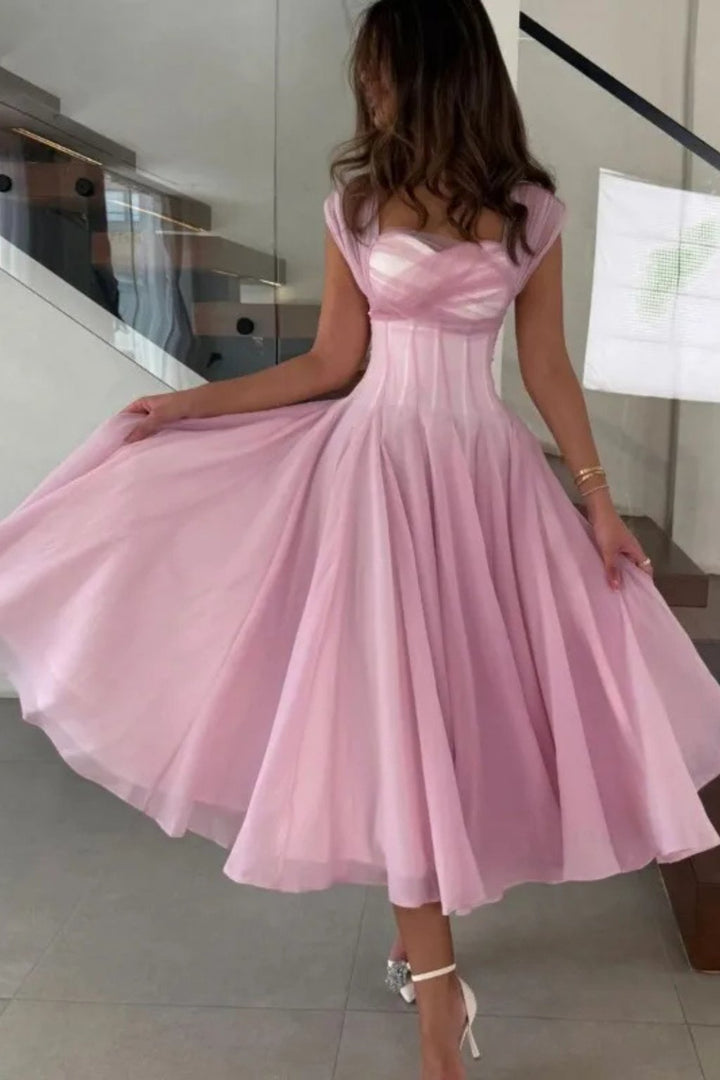 Women's Tulle Wedding Guest Dress | A-Line Midi Sweetheart Bodice Angle