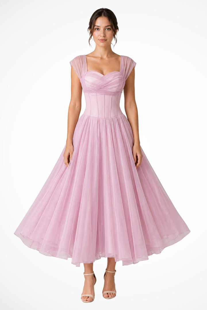 Women's Tulle Wedding Guest Dress | A-Line Midi Sweetheart Bodice Back