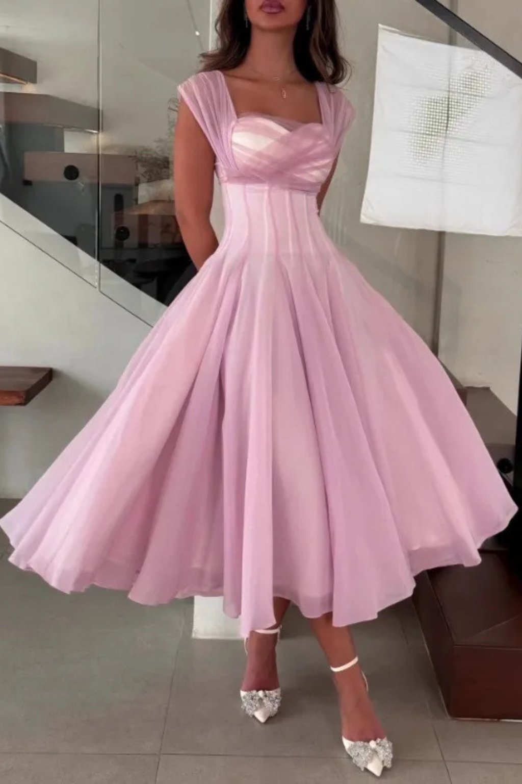 Women's Tulle Wedding Guest Dress | A-Line Midi Sweetheart Bodice Close Up