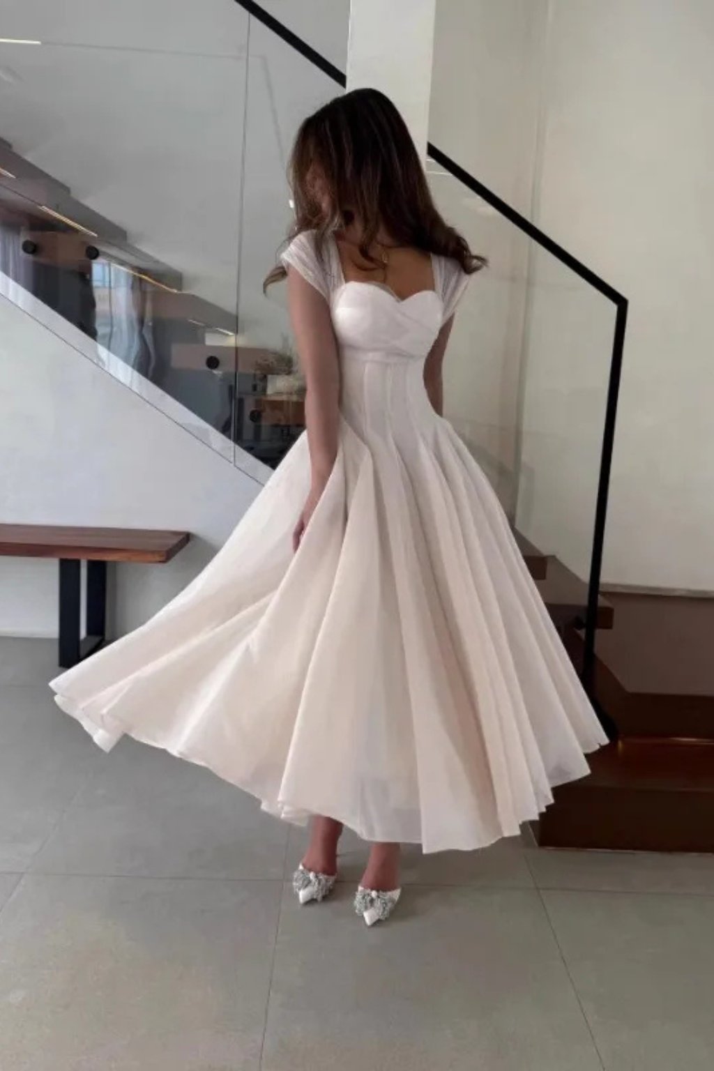 Women's Tulle Wedding Guest Dress | A-Line Midi Sweetheart Bodice Side