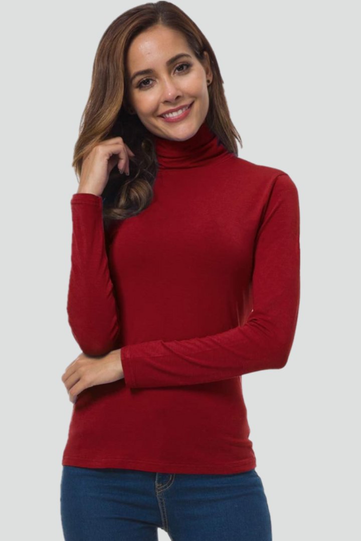 Women's Turtleneck Long Sleeve Jumper | Fitted Plain Knit Close Up