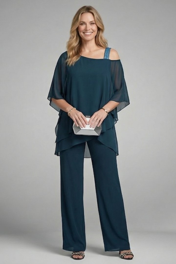 Women's Two Piece Set | Asymmetrical Top Wide Leg Trousers Angle