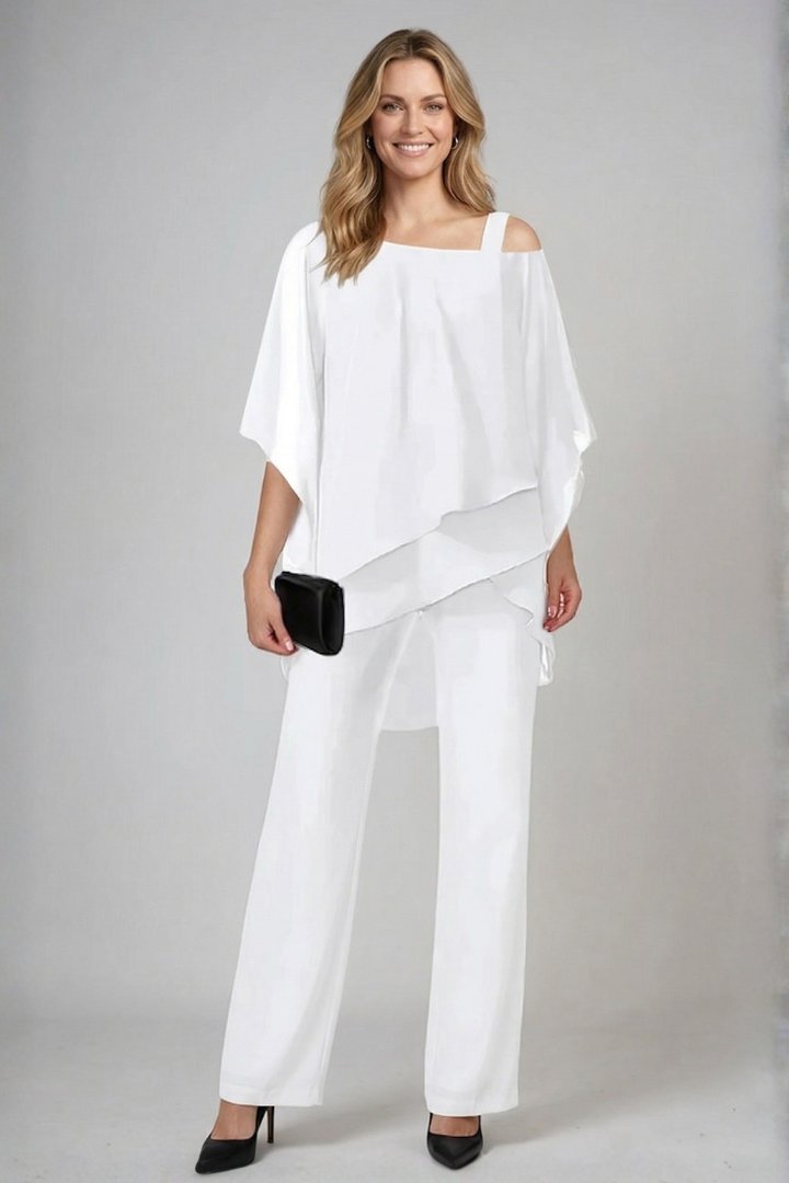 Women's Two Piece Set | Asymmetrical Top Wide Leg Trousers Close Up