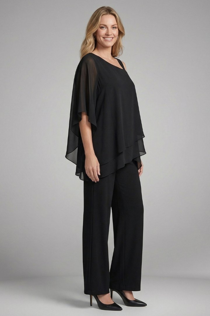 Women's Two Piece Set | Asymmetrical Top Wide Leg Trousers Detail