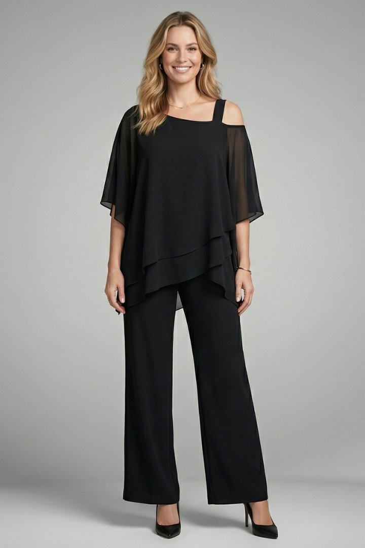 Women's Two Piece Set | Asymmetrical Top Wide Leg Trousers Front