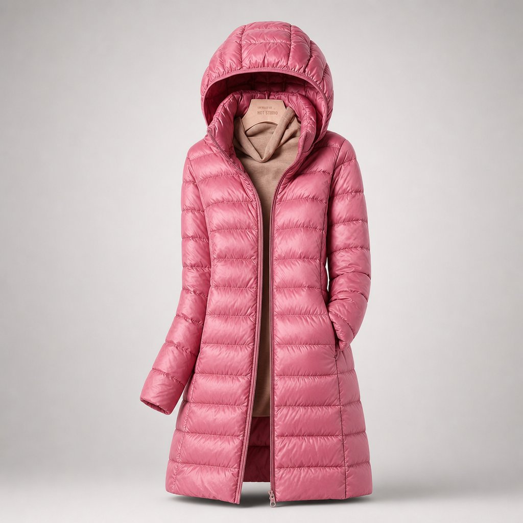 Women's Ultralight Down Jacket | Hooded Long Line Fit Angle