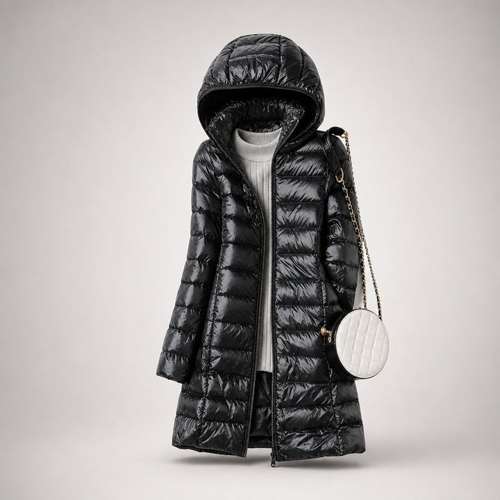 Women's Ultralight Down Jacket | Hooded Long Line Fit Close Up