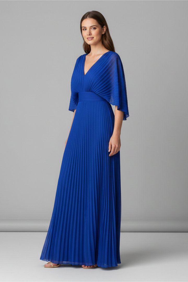 Women's V-Neck Pleated Maxi Dress | Cape Sleeve Long Length Angle