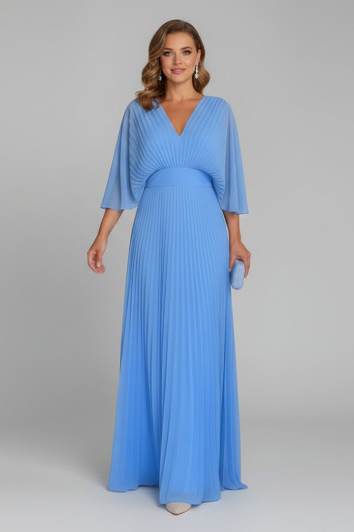 Women's V-Neck Pleated Maxi Dress | Cape Sleeve Long Length Back