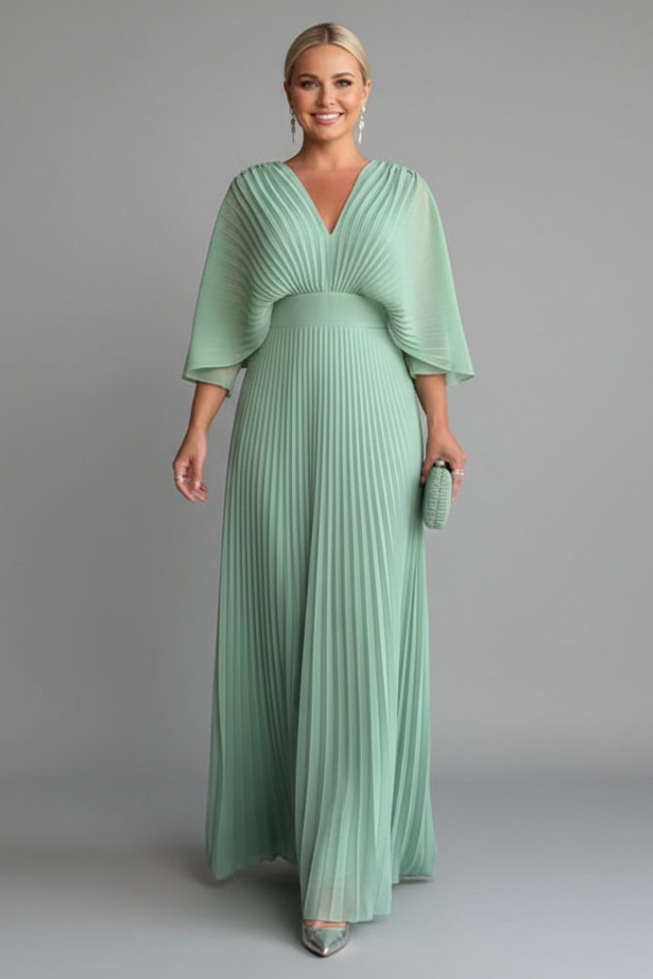Women's V-Neck Pleated Maxi Dress | Cape Sleeve Long Length Close Up