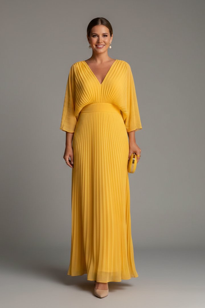 Women's V-Neck Pleated Maxi Dress | Cape Sleeve Long Length Detail