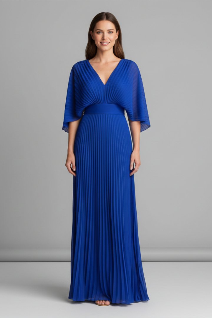 Women's V-Neck Pleated Maxi Dress | Cape Sleeve Long Length Front