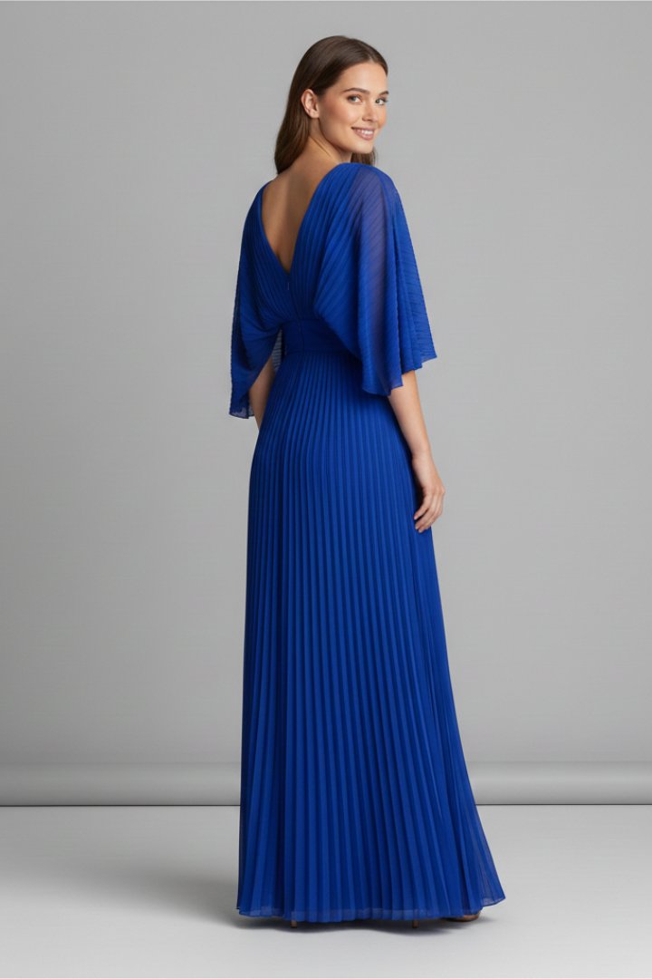Women's V-Neck Pleated Maxi Dress | Cape Sleeve Long Length Full