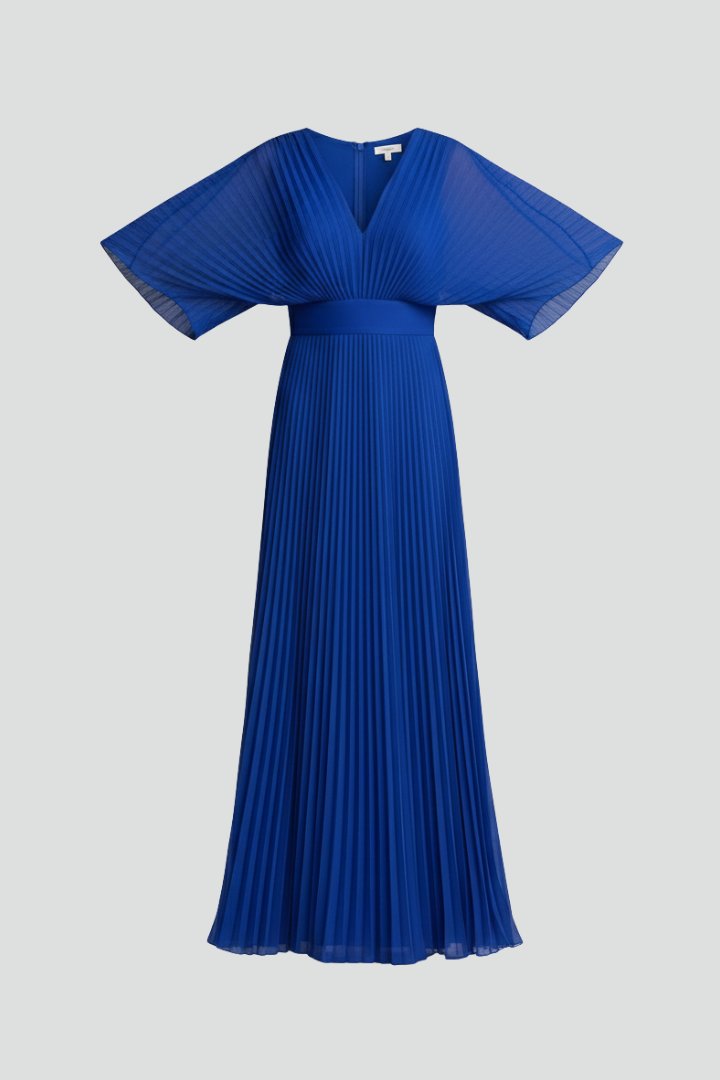 Women's V-Neck Pleated Maxi Dress | Cape Sleeve Long Length Hero