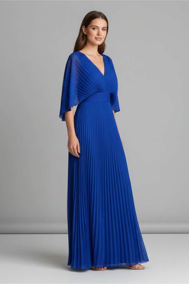Women's V-Neck Pleated Maxi Dress | Cape Sleeve Long Length Lifestyle
