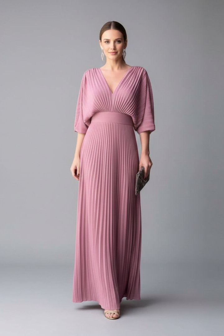 Women's V-Neck Pleated Maxi Dress | Cape Sleeve Long Length Side