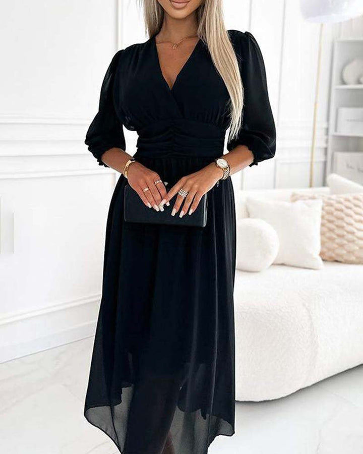 Women's V-Neck Ruched Waist Dress | Solid Colour Flowy Fit Alternate