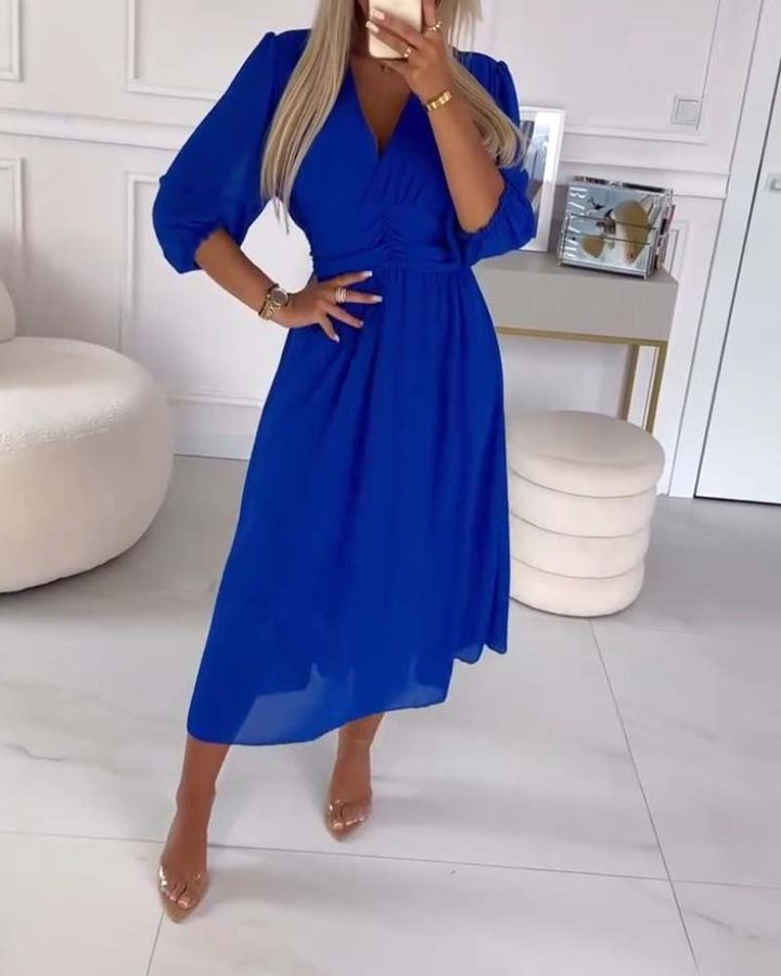 Women's V-Neck Ruched Waist Dress | Solid Colour Flowy Fit Angle