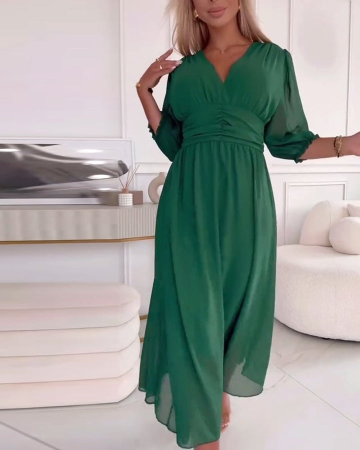 Women's V-Neck Ruched Waist Dress | Solid Colour Flowy Fit Back