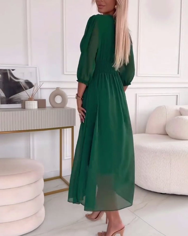 Women's V-Neck Ruched Waist Dress | Solid Colour Flowy Fit Detail
