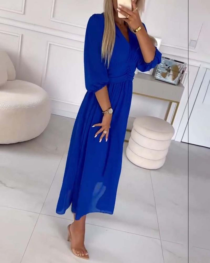 Women's V-Neck Ruched Waist Dress | Solid Colour Flowy Fit Full