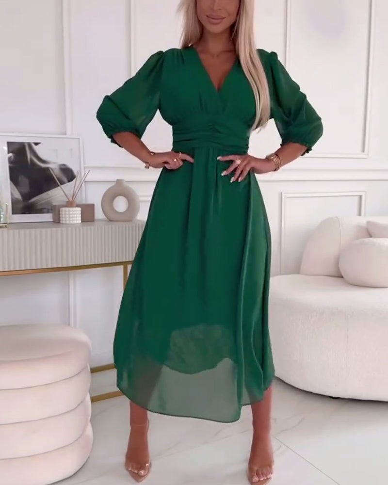 Women's V-Neck Ruched Waist Dress | Solid Colour Flowy Fit Hero